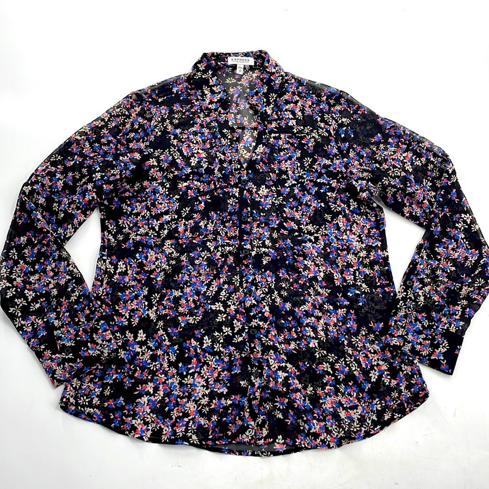 Express the Portofino shirt size medium floral blouse sheer long sleeve